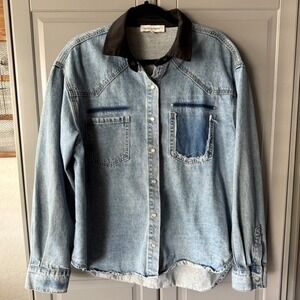 Pixie Market Denim Button Down Long Sleeve Distressed Shirt Jacket,Light‎ Wash,M